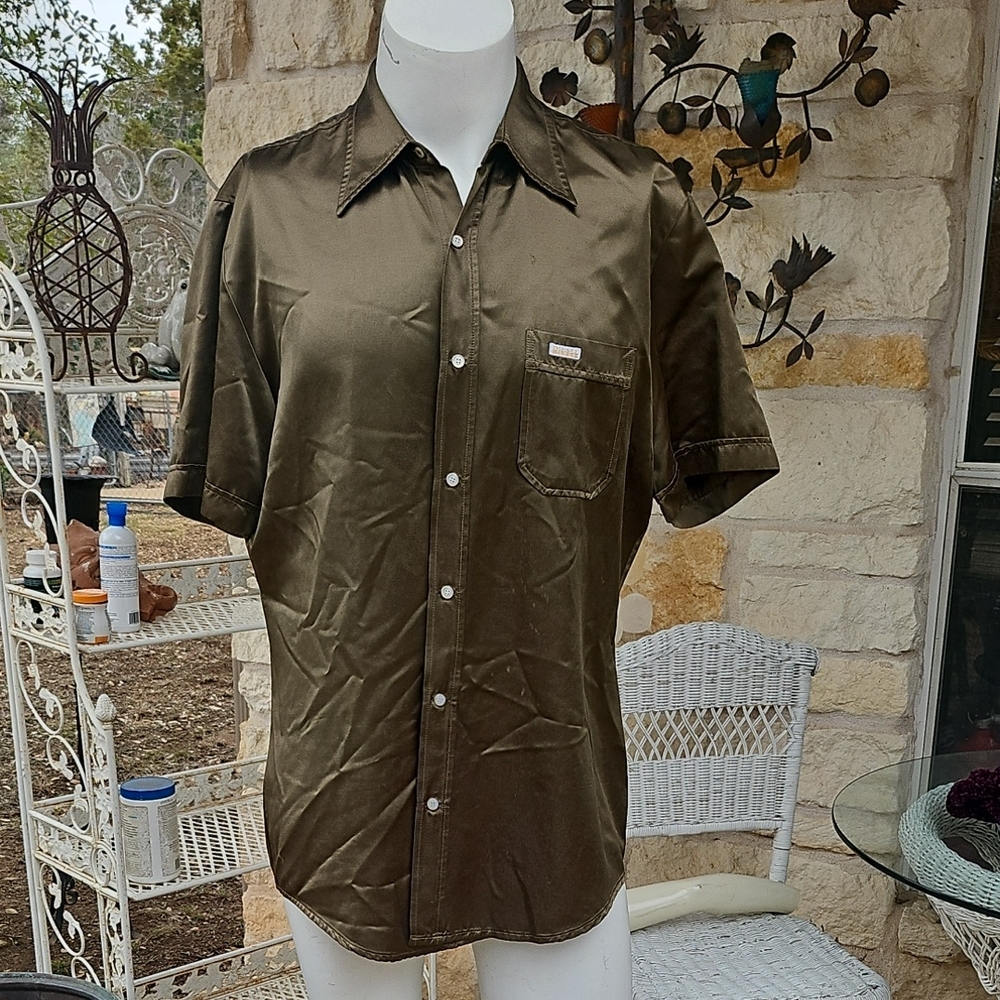 Vintage DIESEL IND LONG LIFE  Olive Green Satin Short Sleeve Shirt XL Italy